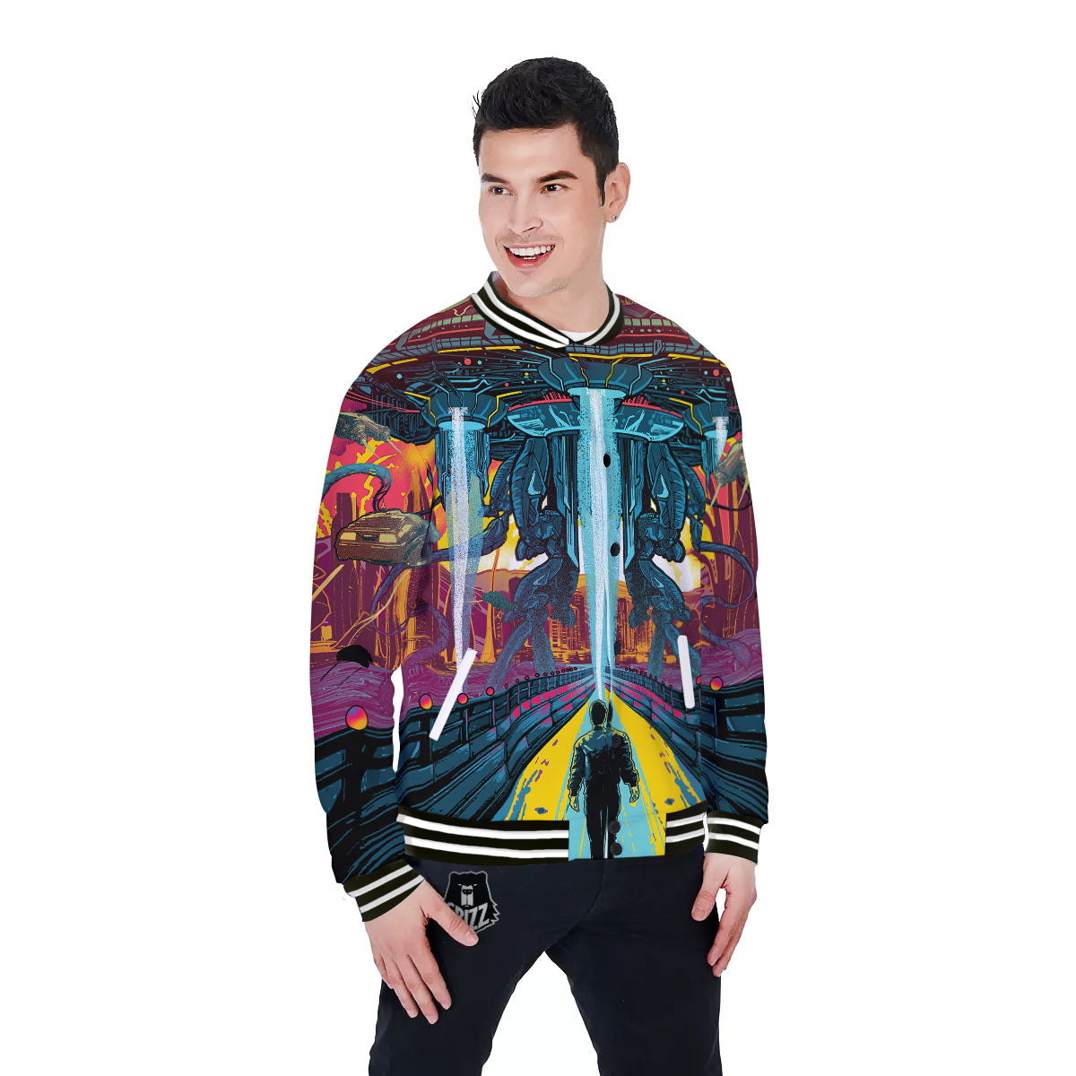 Aliens Invade earth Print Baseball Jacket-grizzshop