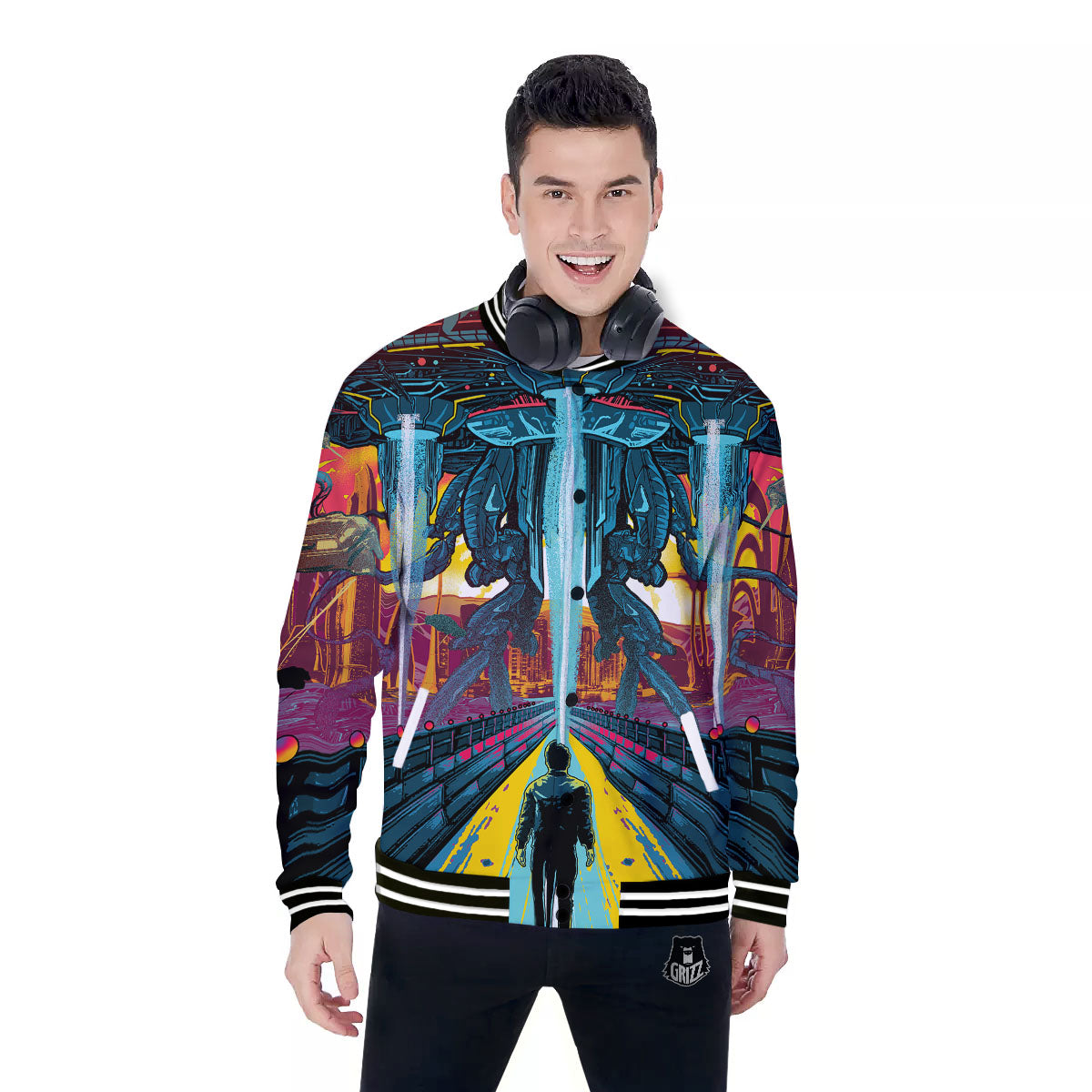 Aliens Invade earth Print Baseball Jacket-grizzshop
