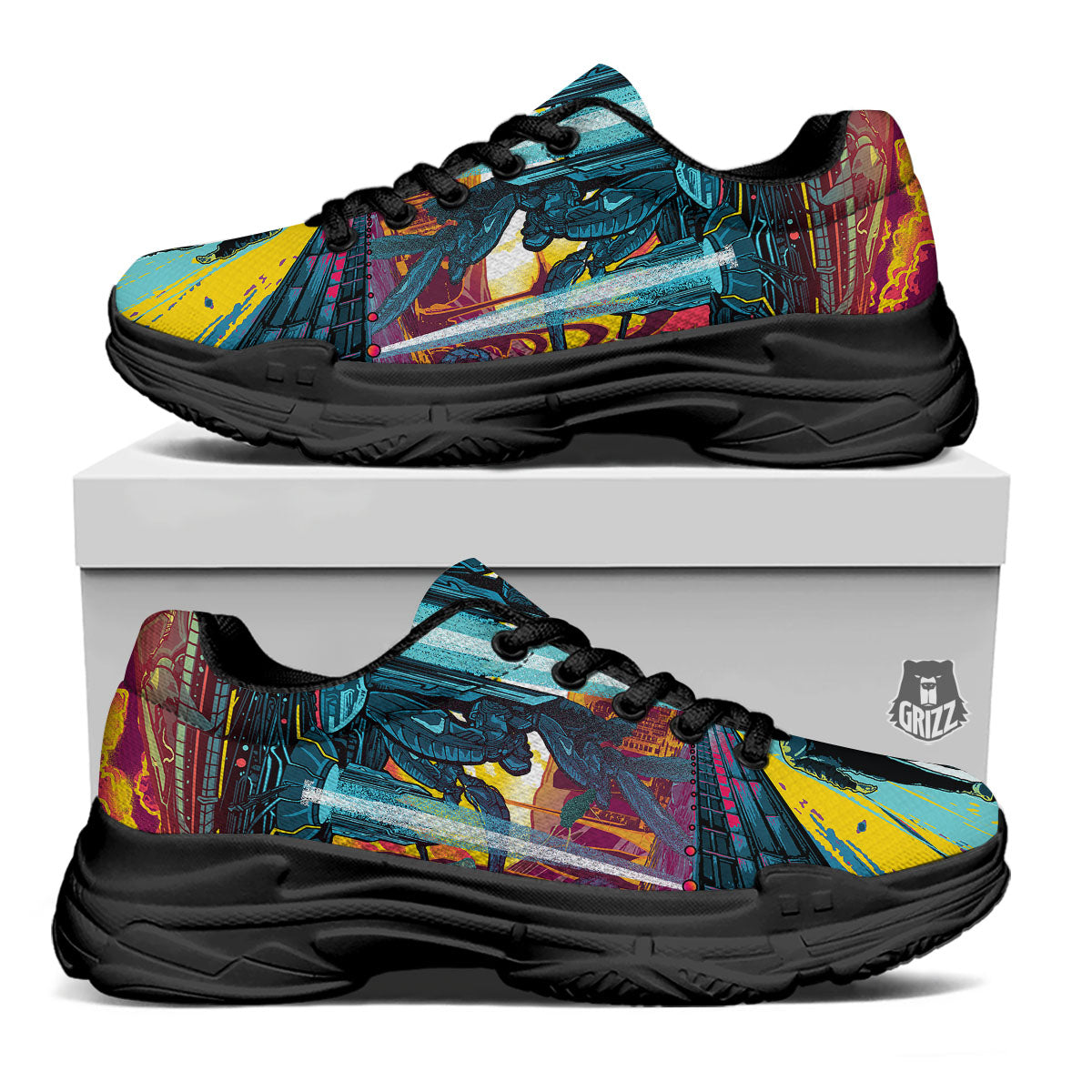 Aliens Invade earth Print Black Chunky Shoes-grizzshop