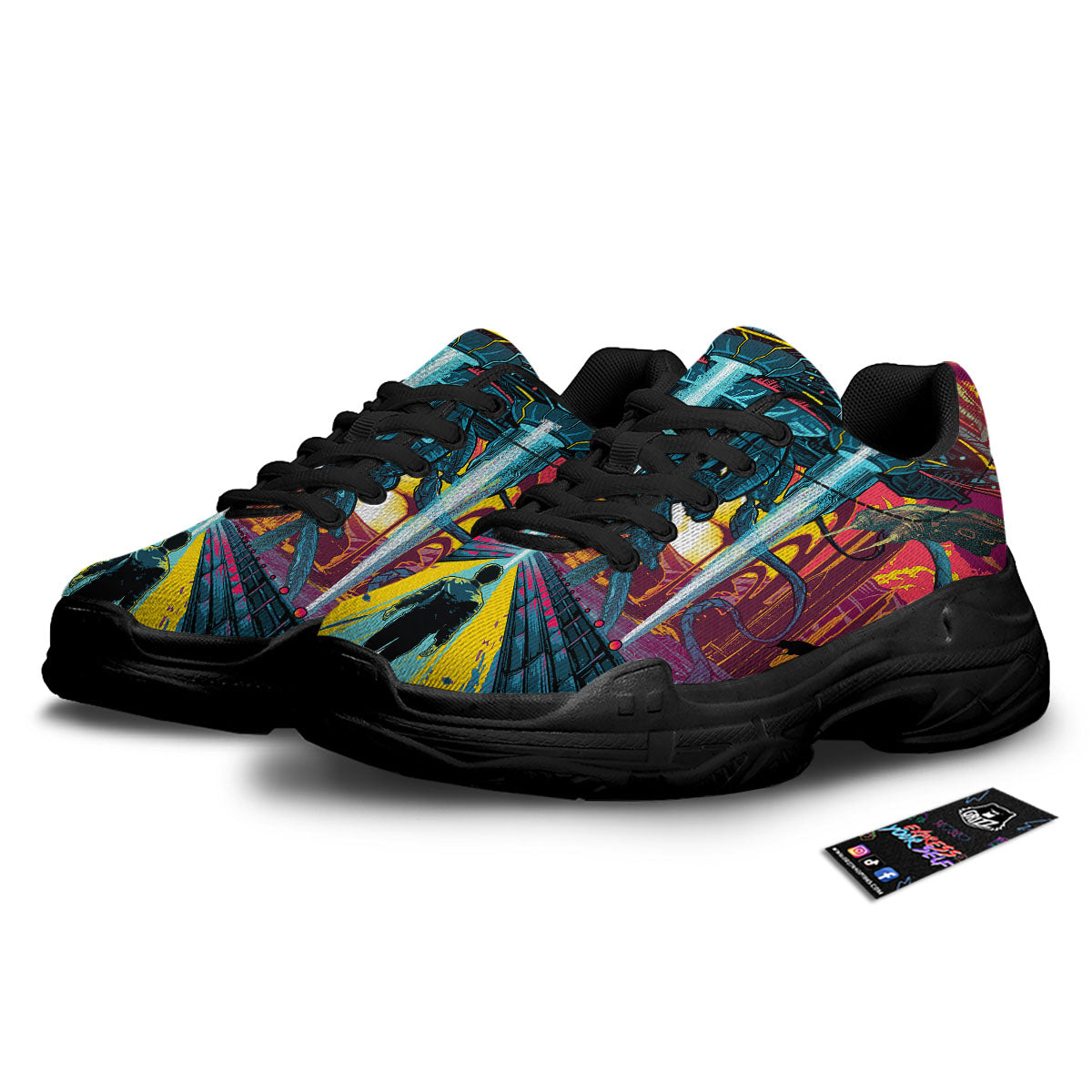 Aliens Invade earth Print Black Chunky Shoes-grizzshop