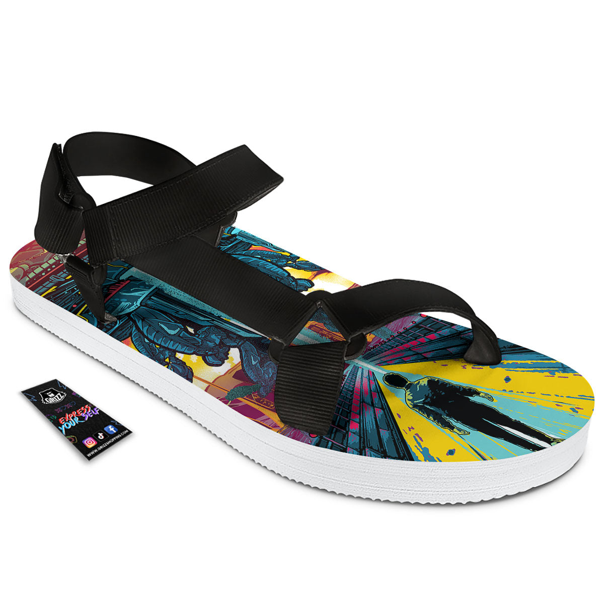 Aliens Invade earth Print Black Open Toe Sandals-grizzshop