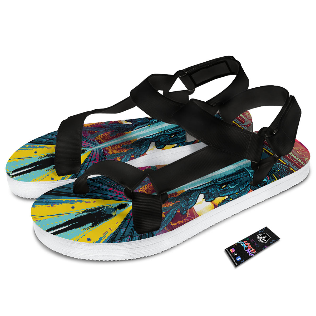 Aliens Invade earth Print Black Open Toe Sandals-grizzshop