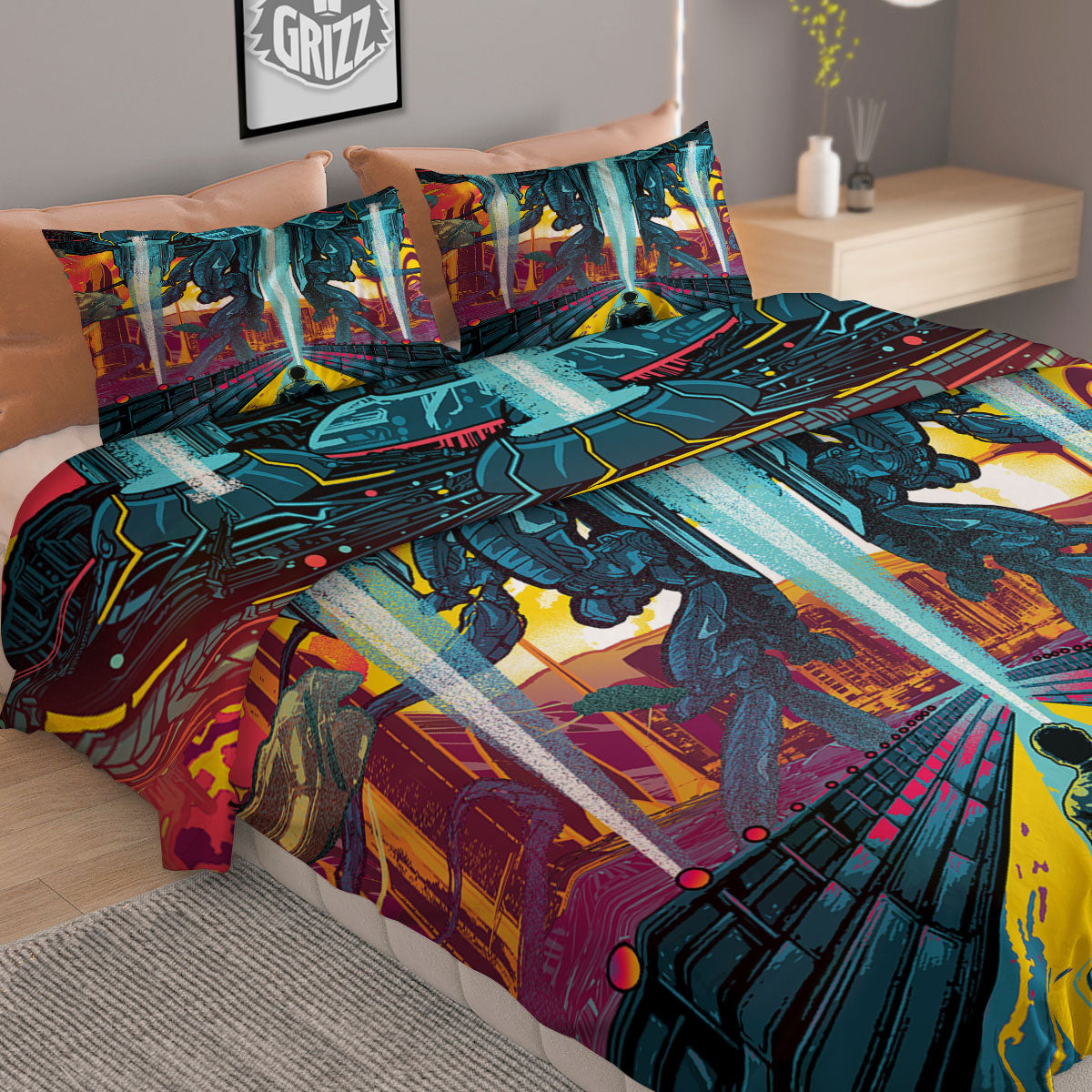 Aliens Invade earth Print Duvet Cover Bedding Set