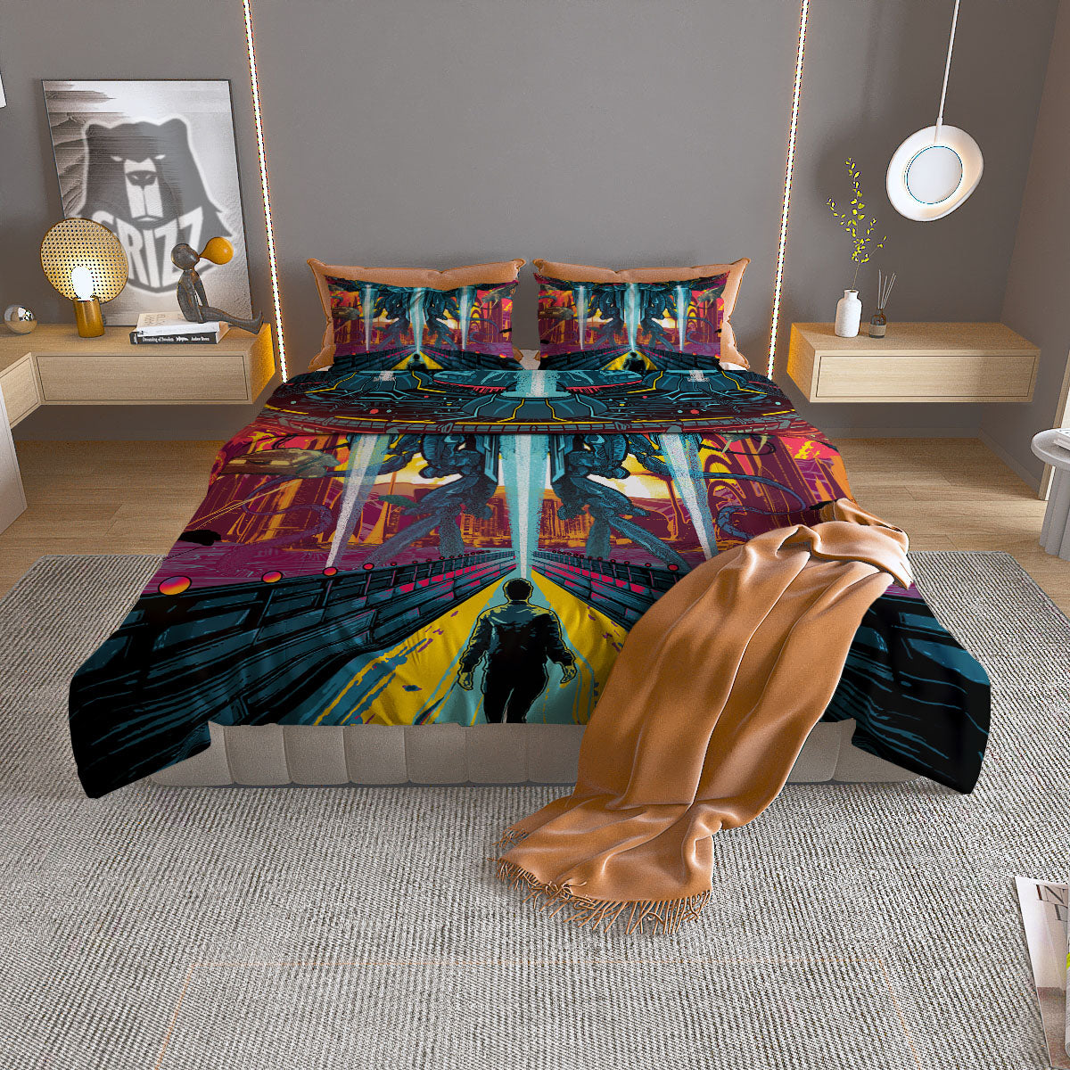 Aliens Invade earth Print Duvet Cover Bedding Set