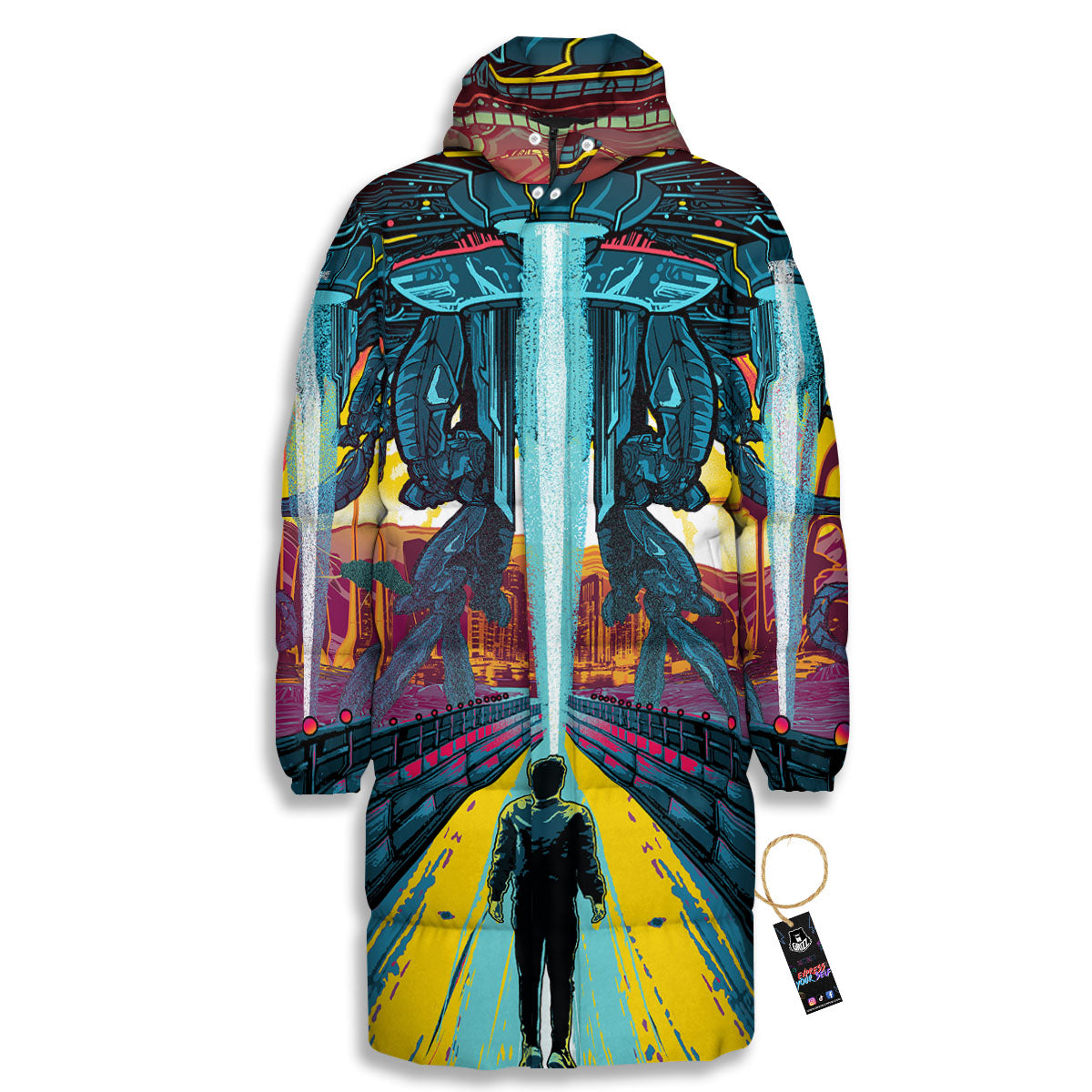Aliens Invade earth Print Long Down Jacket-grizzshop