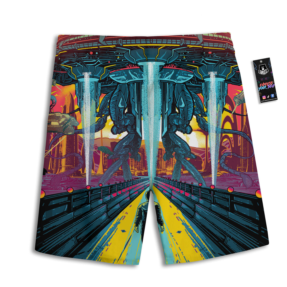 Aliens Invade earth Print Men's Athletic Shorts