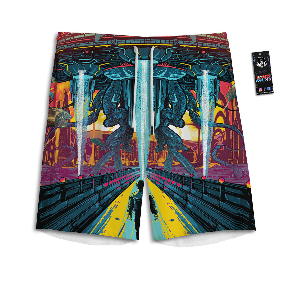 Aliens Invade earth Print Men's Athletic Shorts