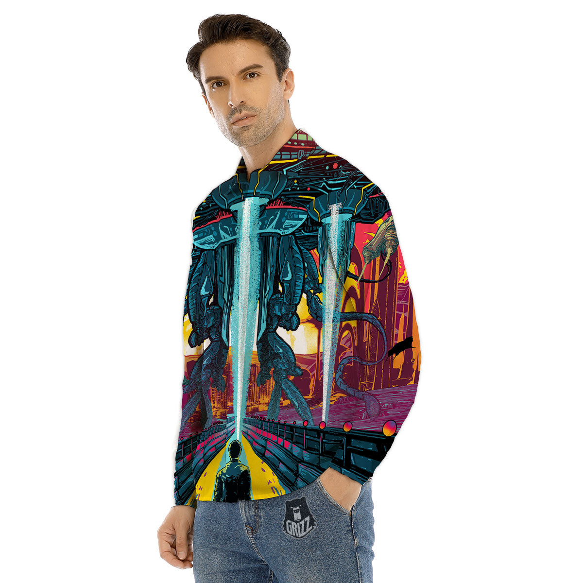 Aliens Invade earth Print Men's Dress Shirts-grizzshop
