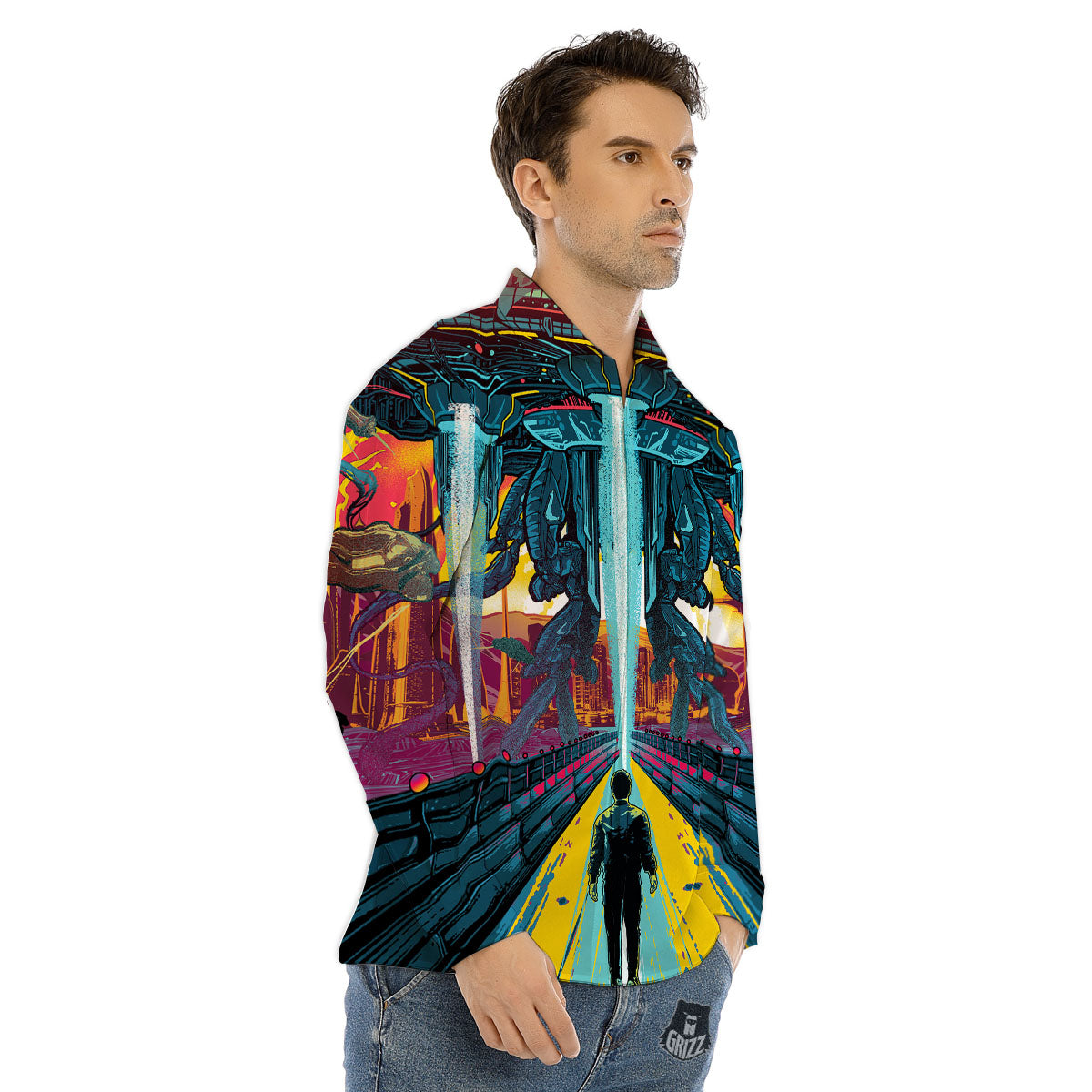 Aliens Invade earth Print Men's Dress Shirts-grizzshop