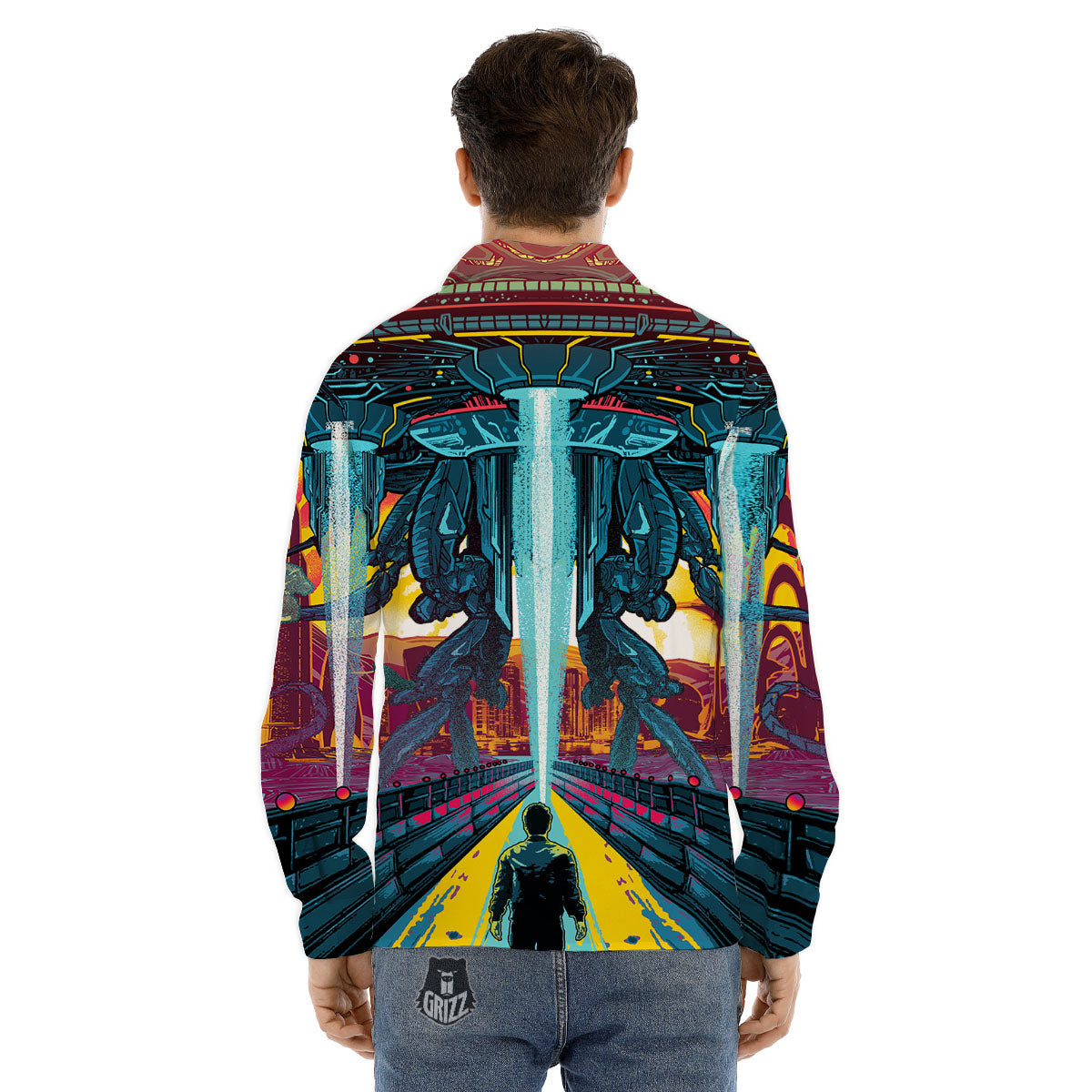 Aliens Invade earth Print Men's Dress Shirts-grizzshop