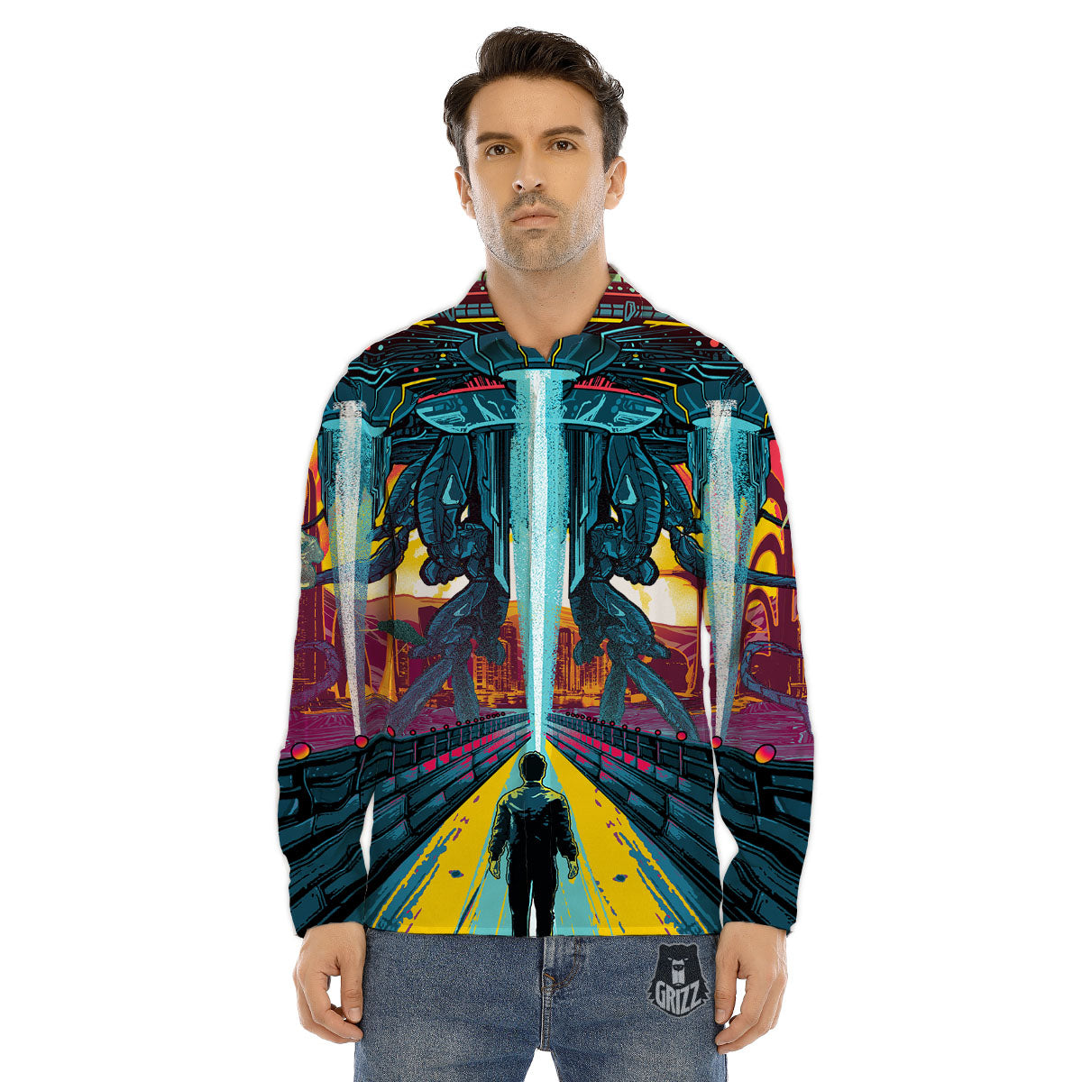 Aliens Invade earth Print Men's Dress Shirts-grizzshop