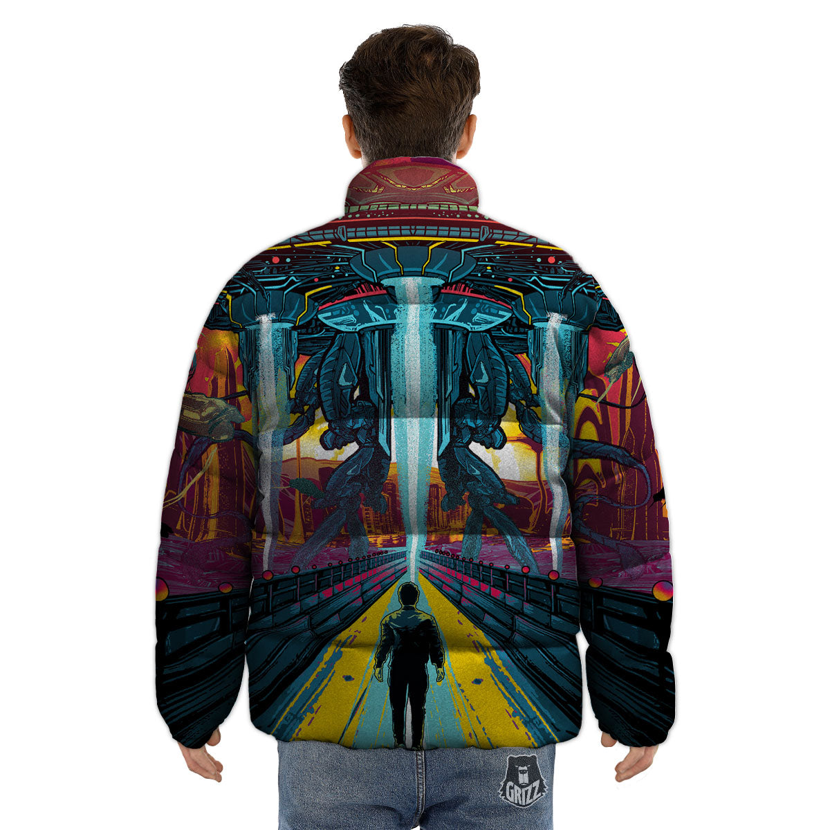 Aliens Invade earth Print Puffer Jacket-grizzshop