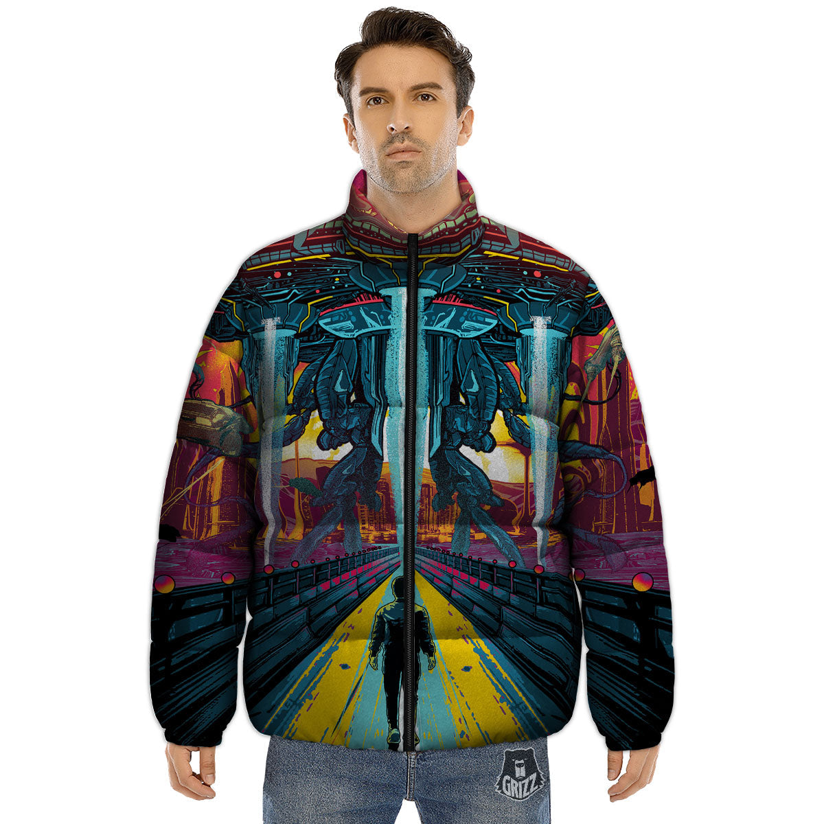 Aliens Invade earth Print Puffer Jacket-grizzshop