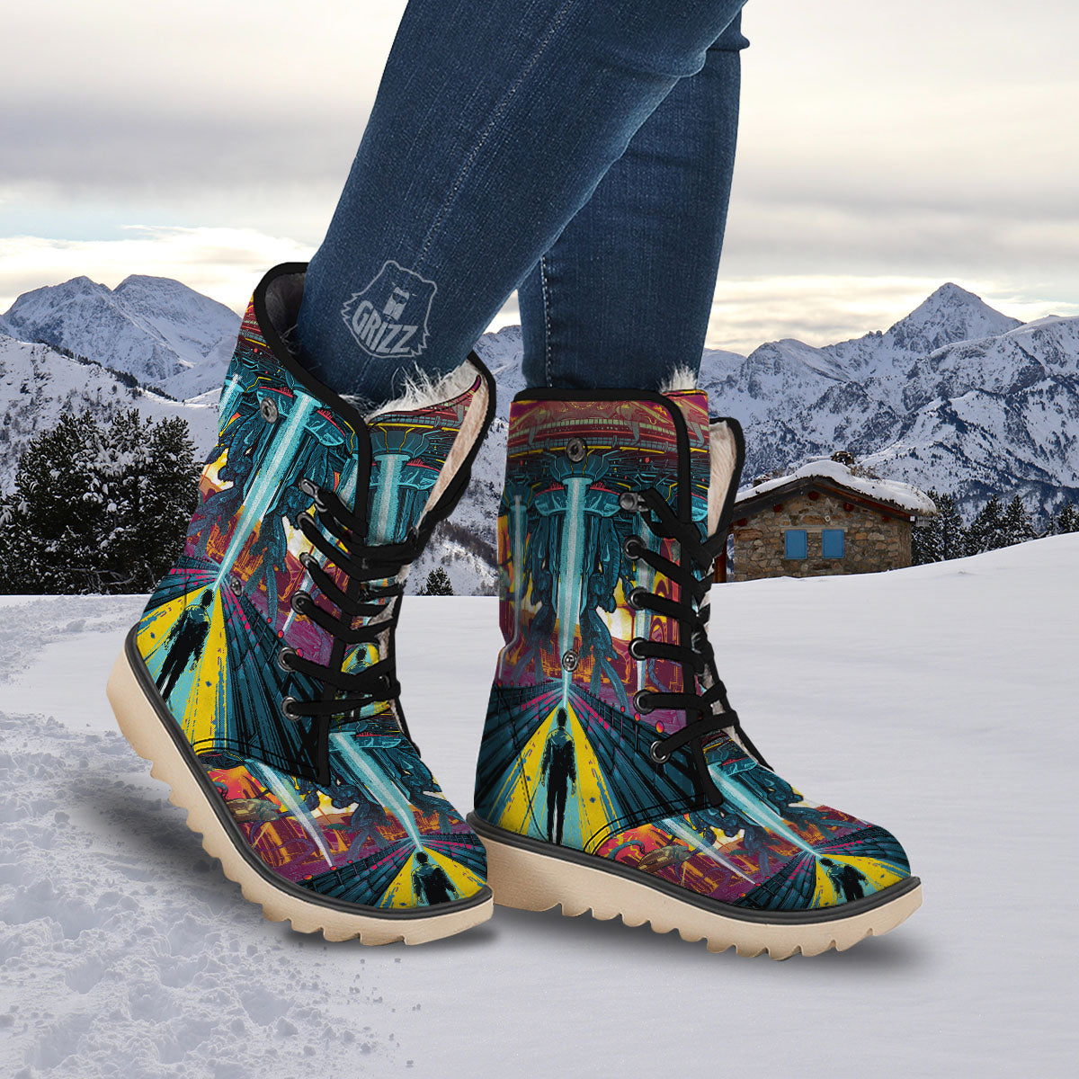 Aliens Invade earth Print Snow Boots-grizzshop