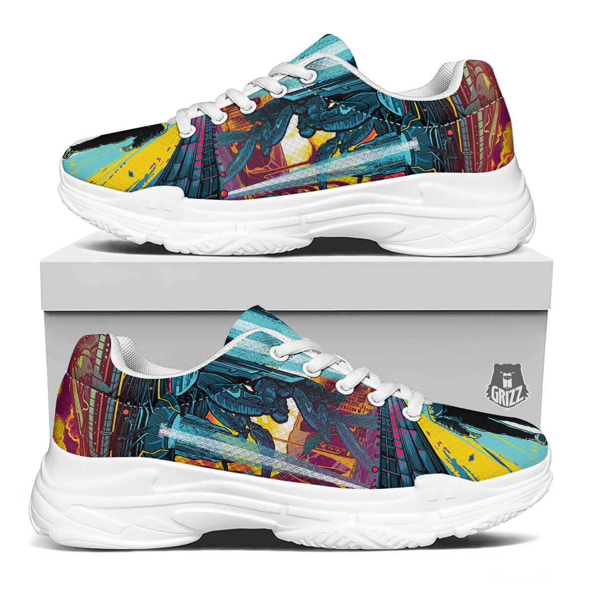 Aliens Invade earth Print White Chunky Shoes-grizzshop