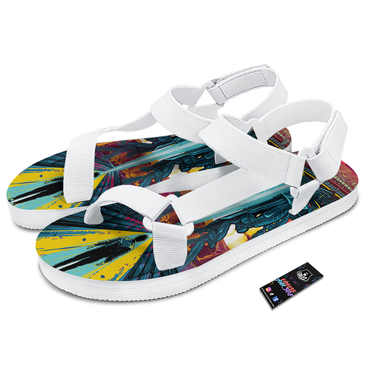 Aliens Invade earth Print White Open Toe Sandals-grizzshop