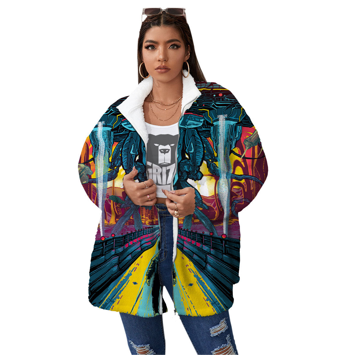 Aliens Invade earth Print Women's Sherpa Jacket-grizzshop