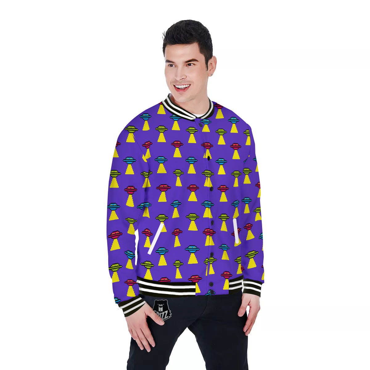 Aliens UFO Pixel Print Pattern Baseball Jacket-grizzshop