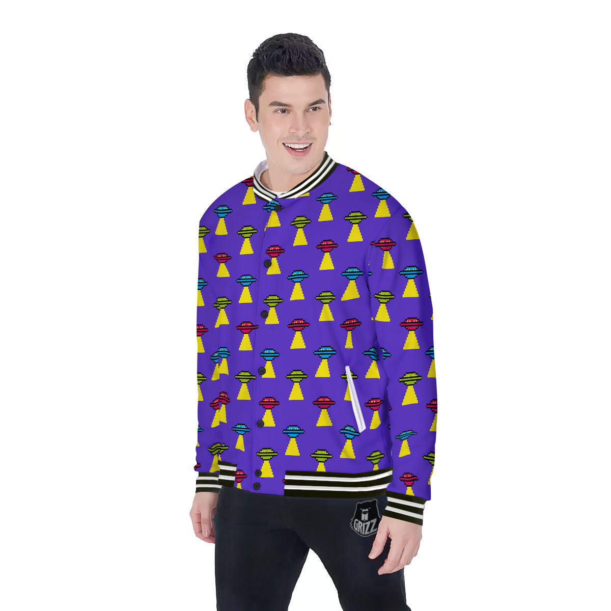 Aliens UFO Pixel Print Pattern Baseball Jacket-grizzshop