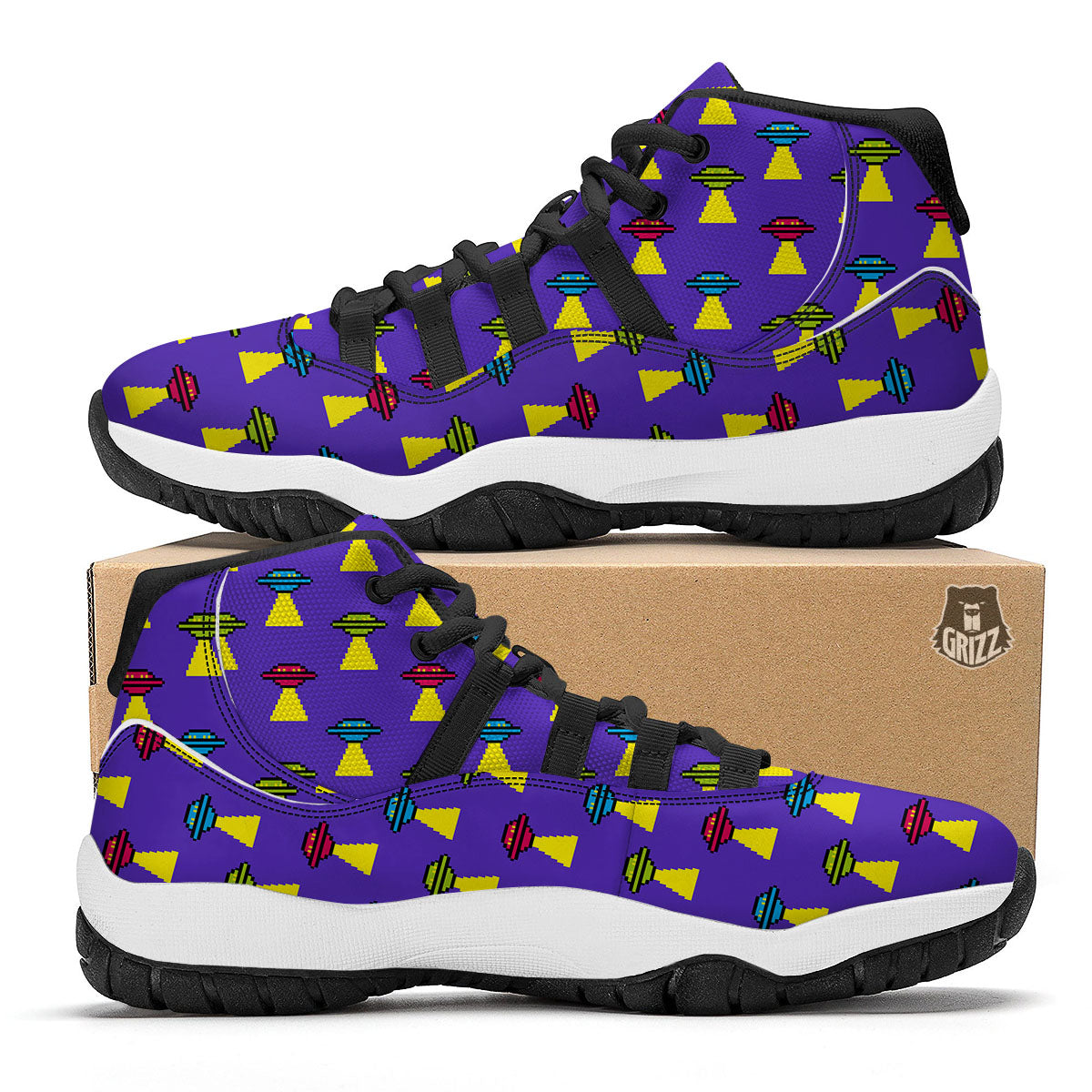 Aliens UFO Pixel Print Pattern Black Bball Shoes-grizzshop