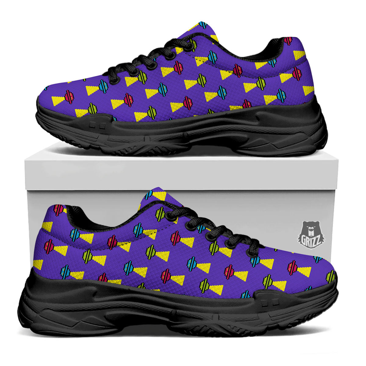 Aliens UFO Pixel Print Pattern Black Chunky Shoes-grizzshop