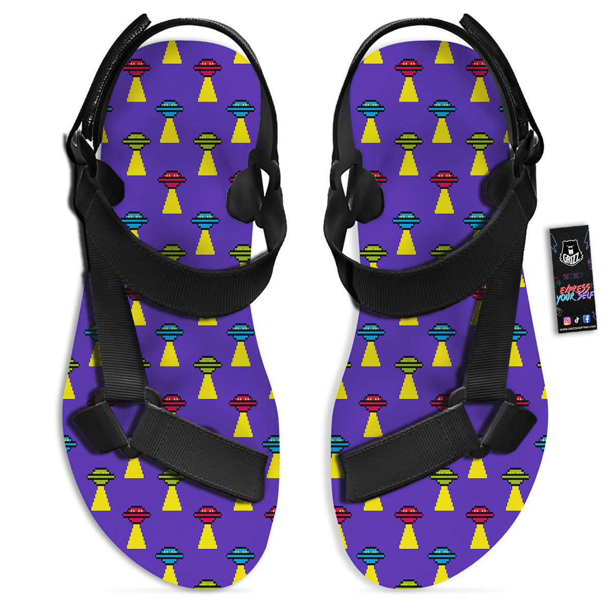 Aliens UFO Pixel Print Pattern Black Open Toe Sandals-grizzshop