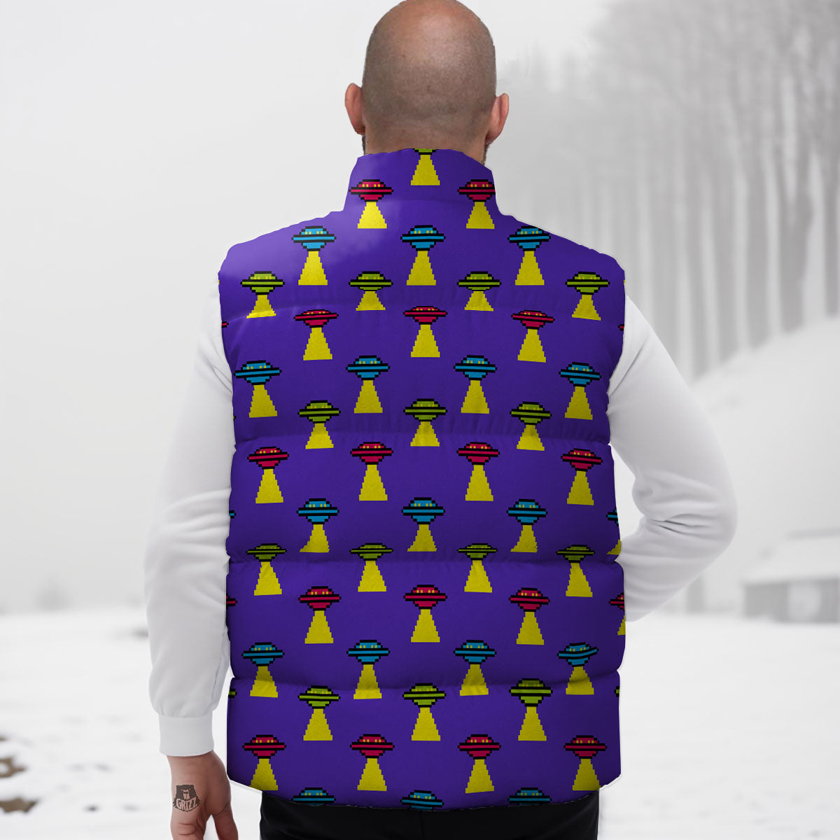 Aliens UFO Pixel Print Pattern Down Vest