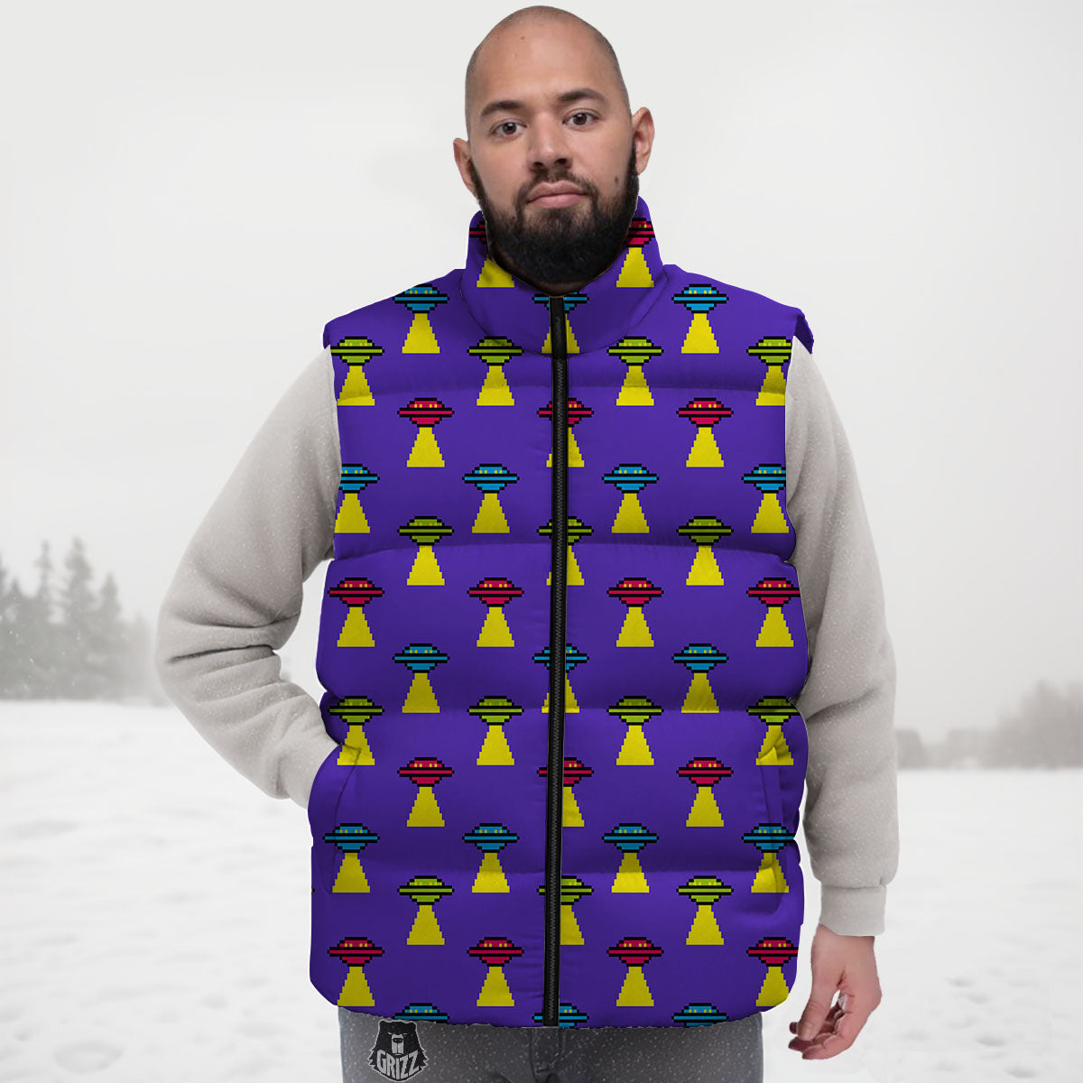 Aliens UFO Pixel Print Pattern Down Vest