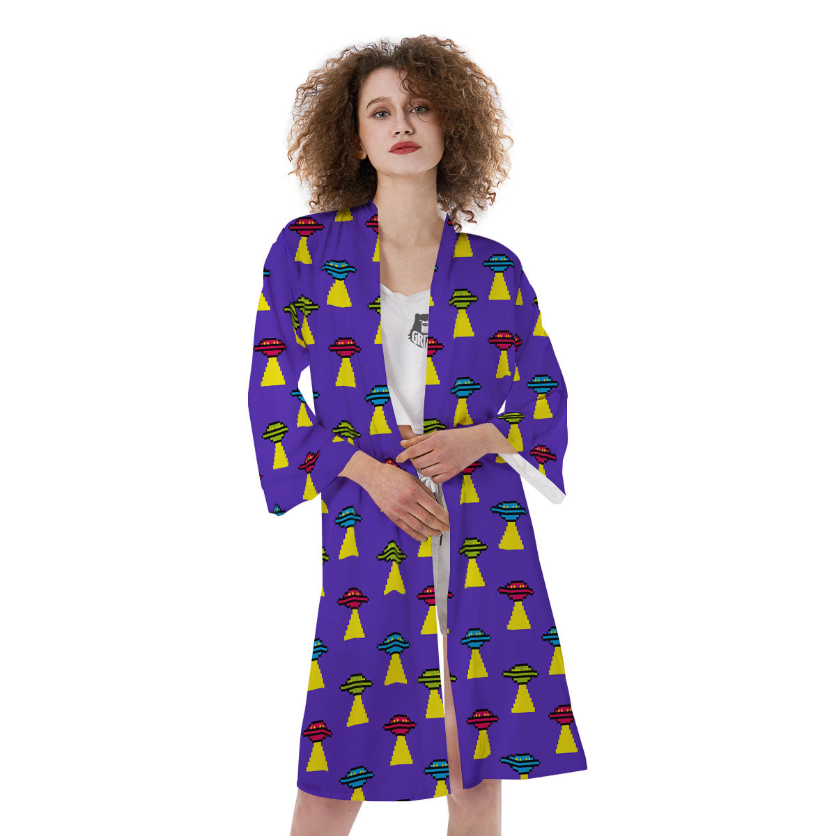 Aliens UFO Pixel Print Pattern Kimono-grizzshop