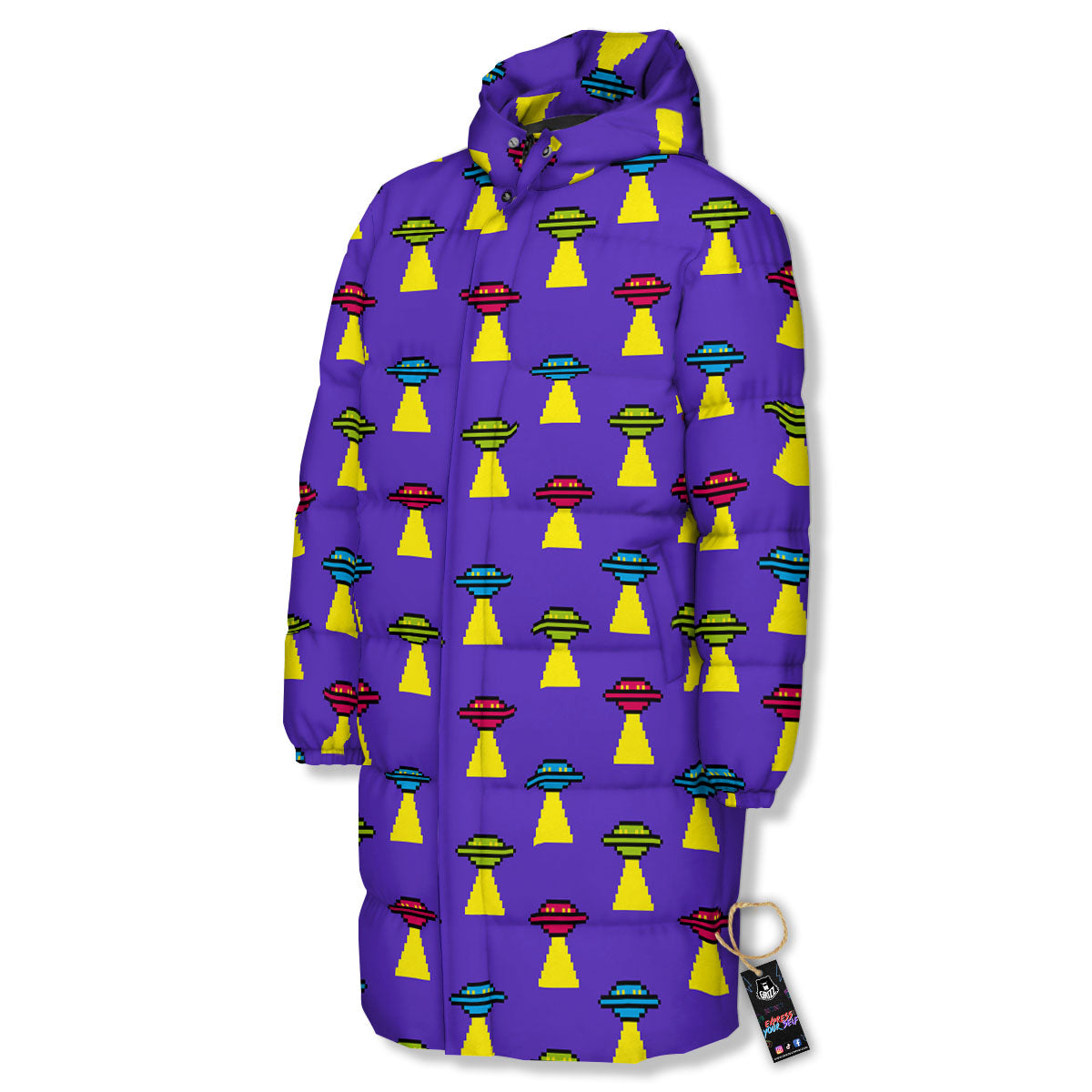 Aliens UFO Pixel Print Pattern Long Down Jacket-grizzshop
