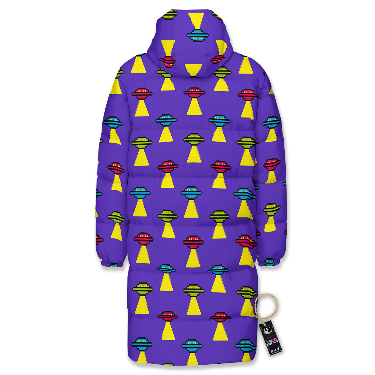 Aliens UFO Pixel Print Pattern Long Down Jacket-grizzshop