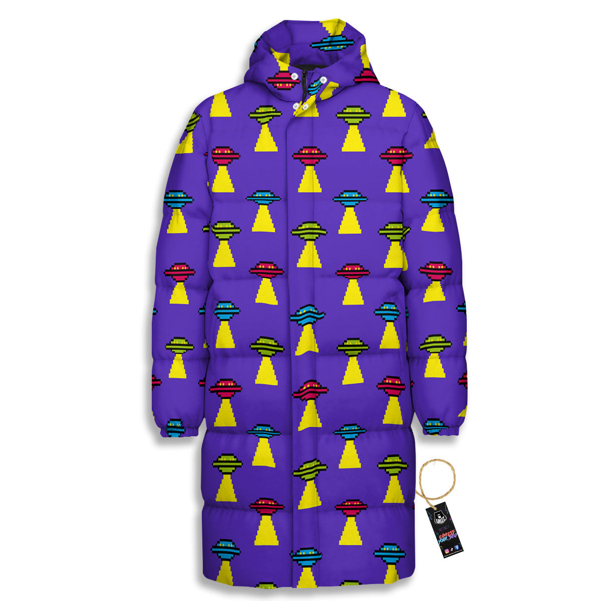 Aliens UFO Pixel Print Pattern Long Down Jacket-grizzshop