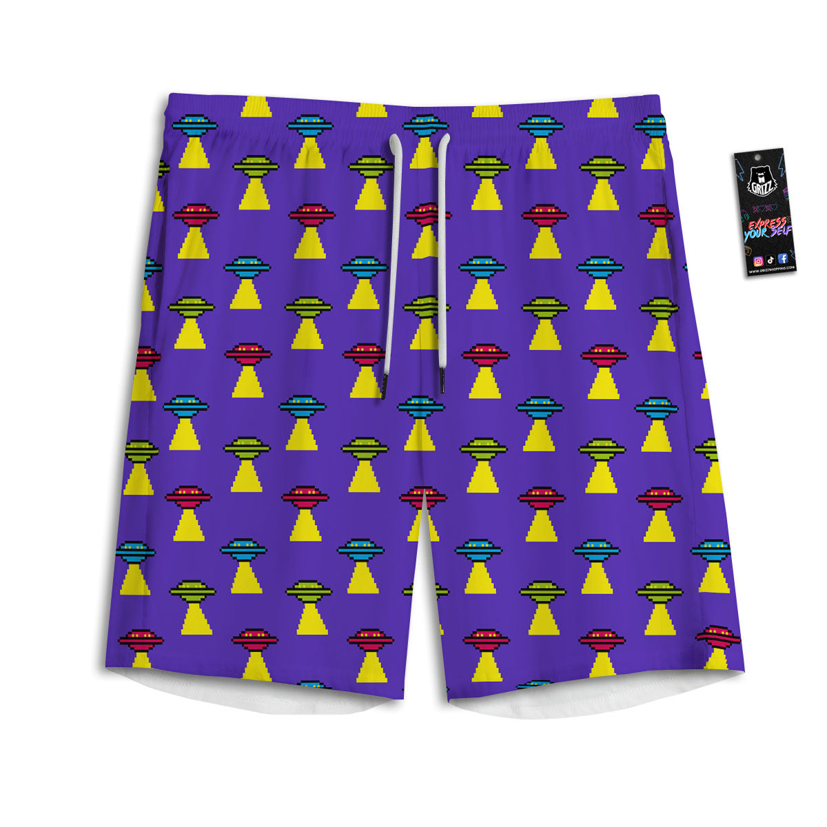 Aliens UFO Pixel Print Pattern Men's Athletic Shorts
