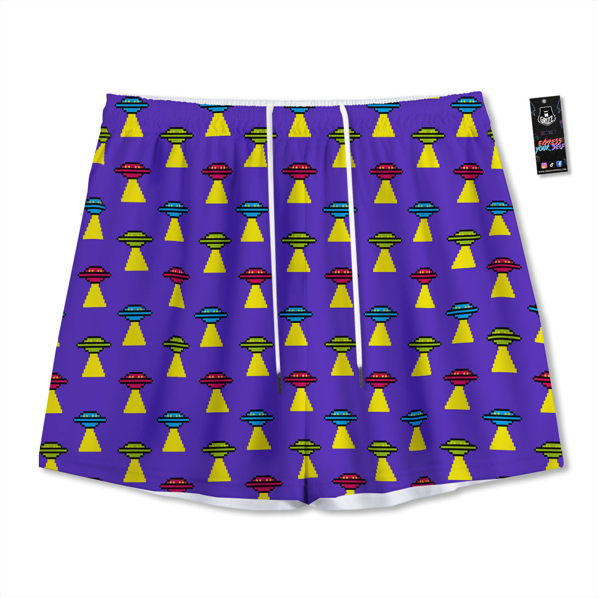 Aliens UFO Pixel Print Pattern Mesh Shorts