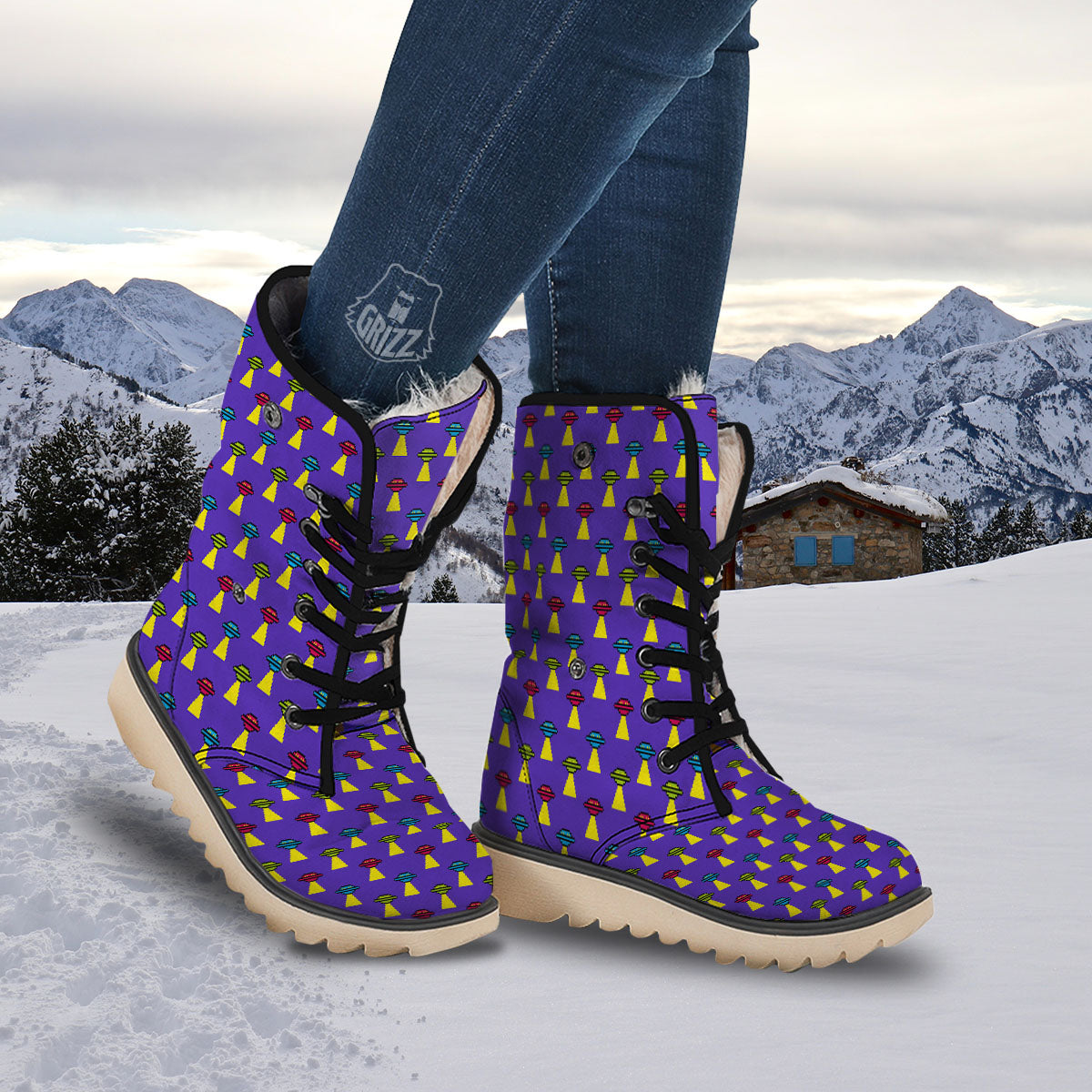 Aliens UFO Pixel Print Pattern Snow Boots-grizzshop