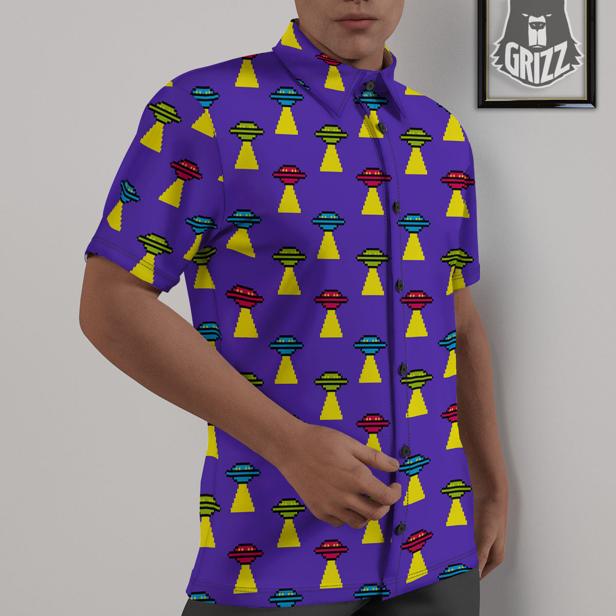 Aliens UFO Pixel Print Pattern Untucked Shirts-grizzshop