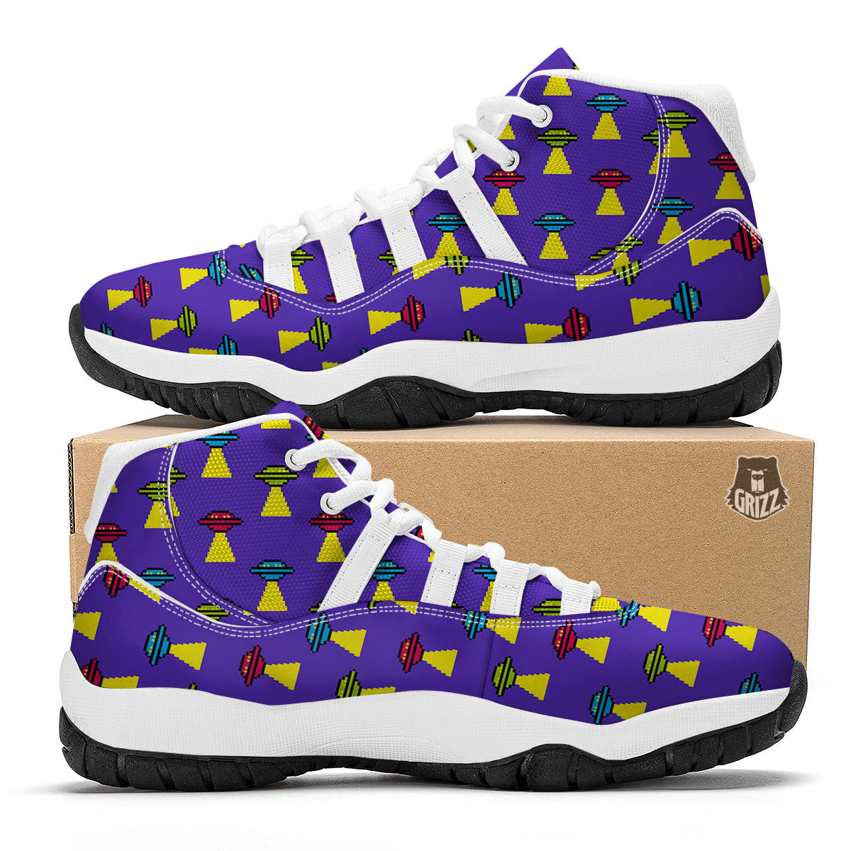 Aliens UFO Pixel Print Pattern White Bball Shoes-grizzshop