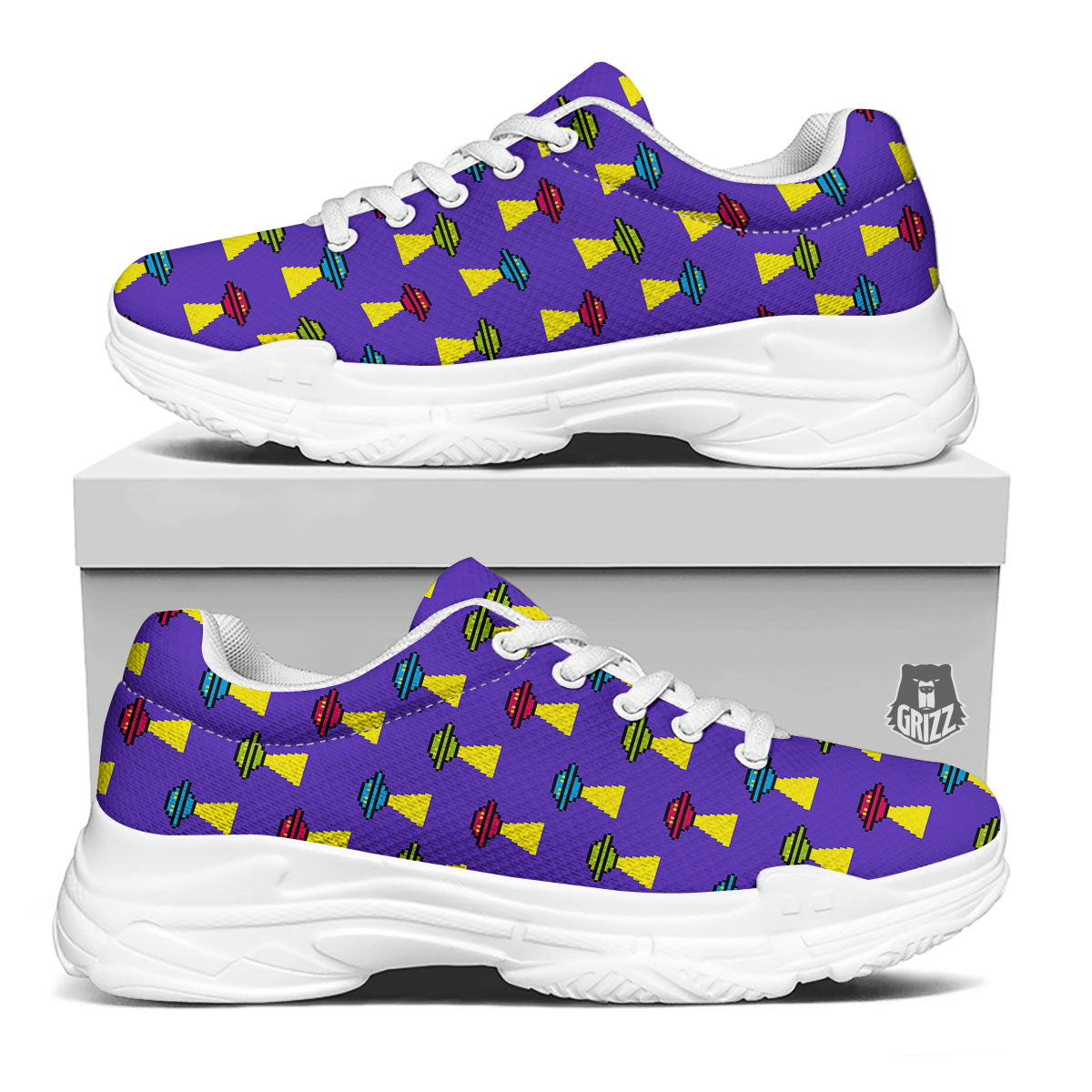 Aliens UFO Pixel Print Pattern White Chunky Shoes-grizzshop