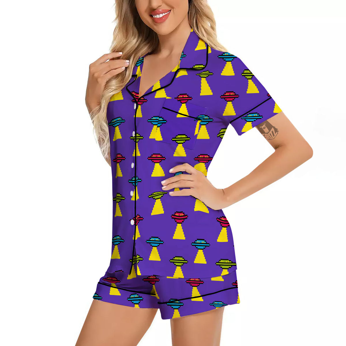 Aliens UFO Pixel Print Pattern Women Silk Pajamas-grizzshop