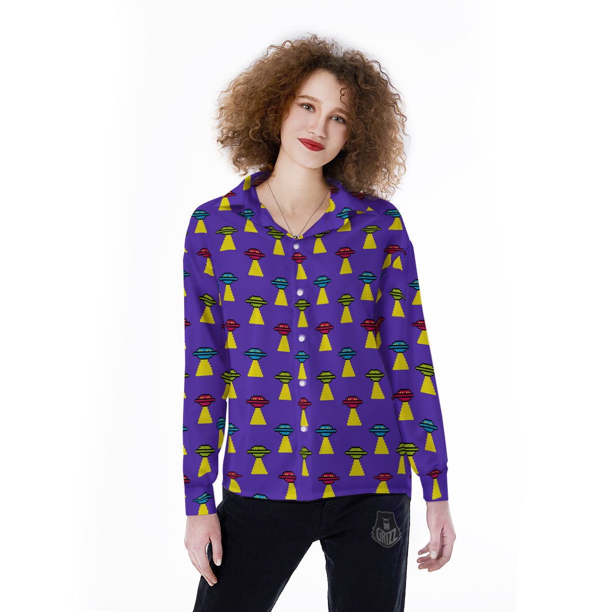 Aliens UFO Pixel Print Pattern Women's Long Sleeve Shirts-grizzshop