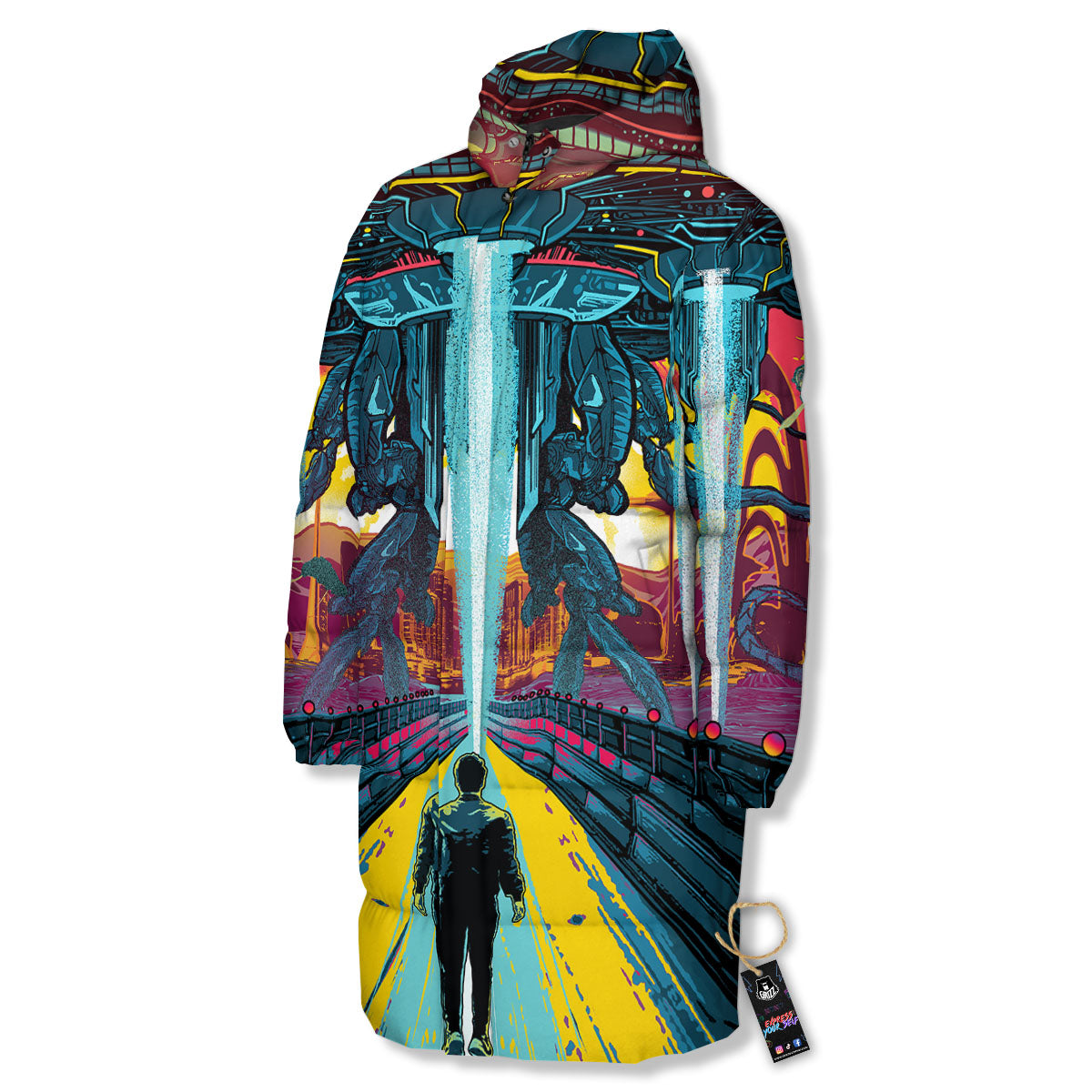 Aliens Invade earth Print Long Down Jacket