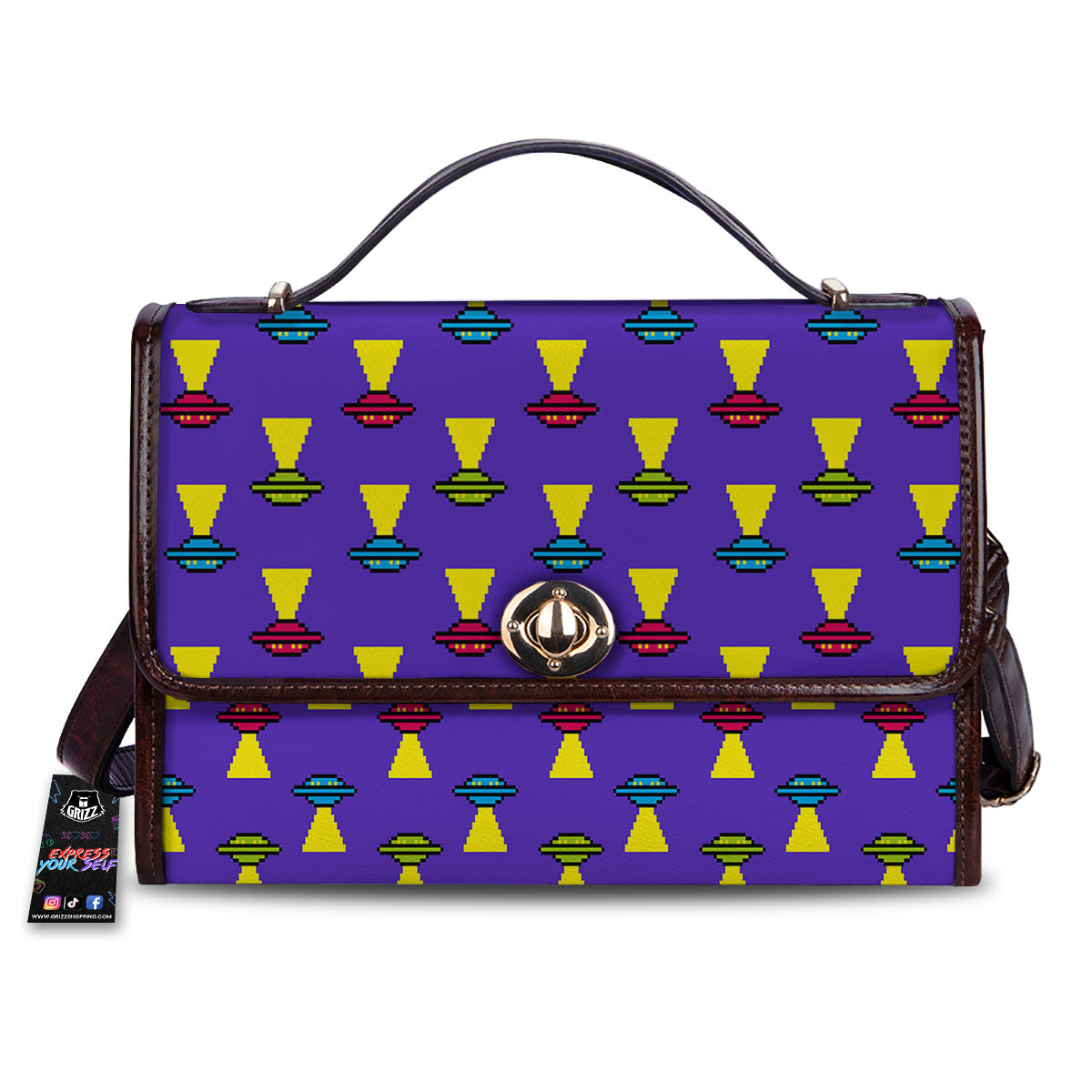 Aliens UFO Pixel Print Pattern Women's Satchel Bag