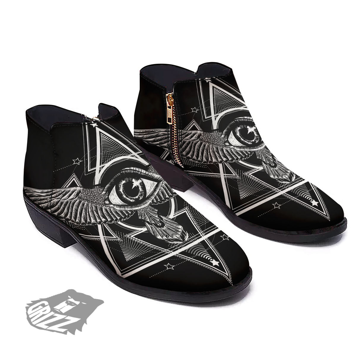 All Seeing Eye Black And Silver Print Ankle Boots-grizzshop