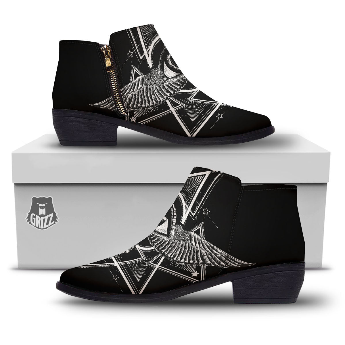 All Seeing Eye Black And Silver Print Ankle Boots-grizzshop