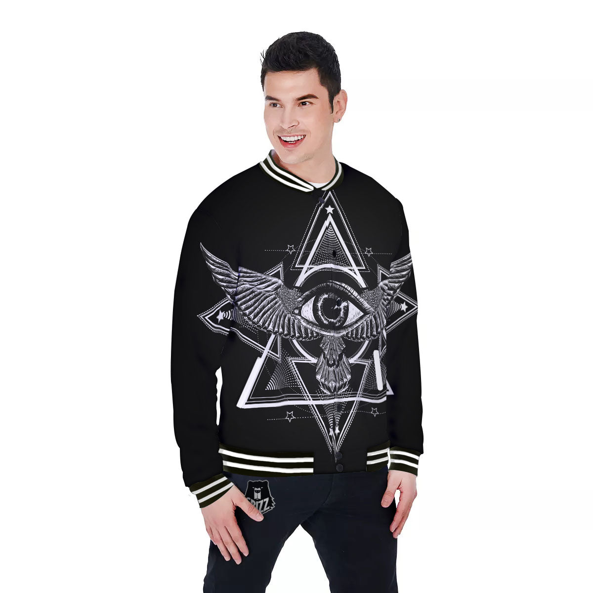 All Seeing Eye Black And Silver Print Baseball Jacket-grizzshop