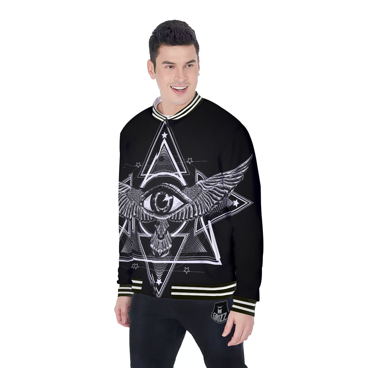 All Seeing Eye Black And Silver Print Baseball Jacket-grizzshop