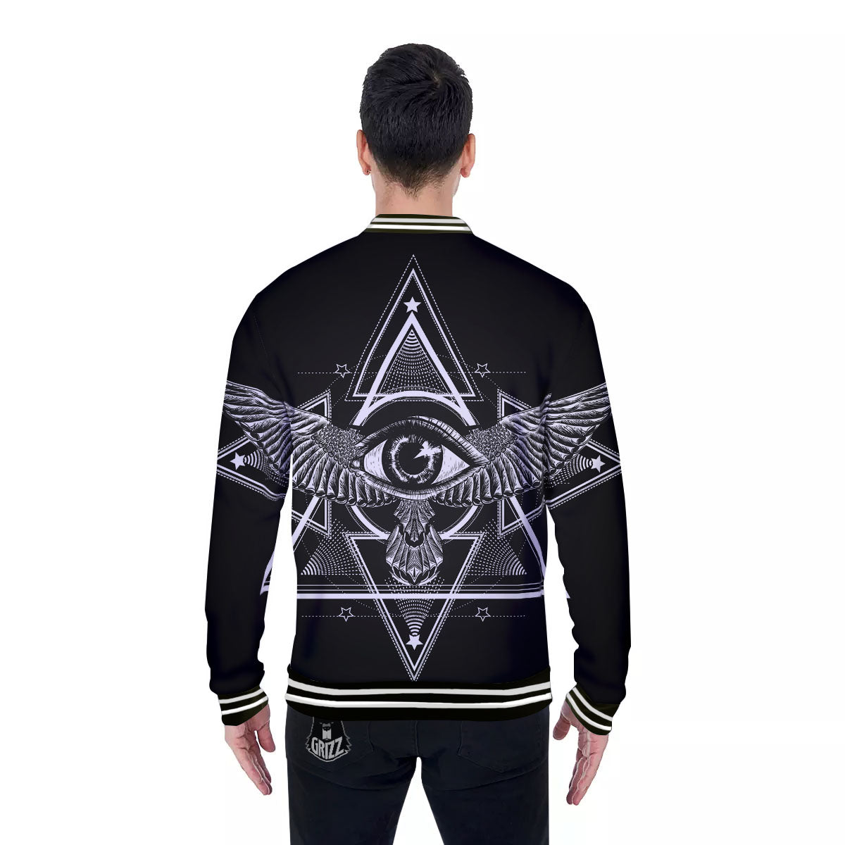 All Seeing Eye Black And Silver Print Baseball Jacket-grizzshop