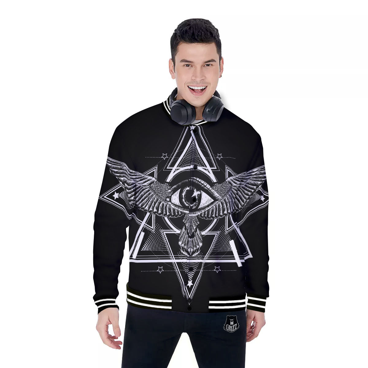 All Seeing Eye Black And Silver Print Baseball Jacket-grizzshop