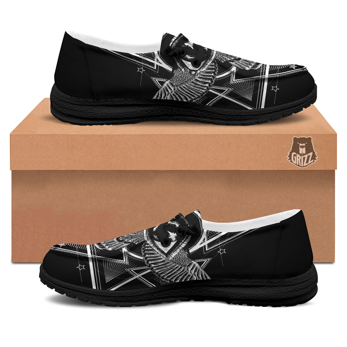 All Seeing Eye Black And Silver Print Black Loafers-grizzshop