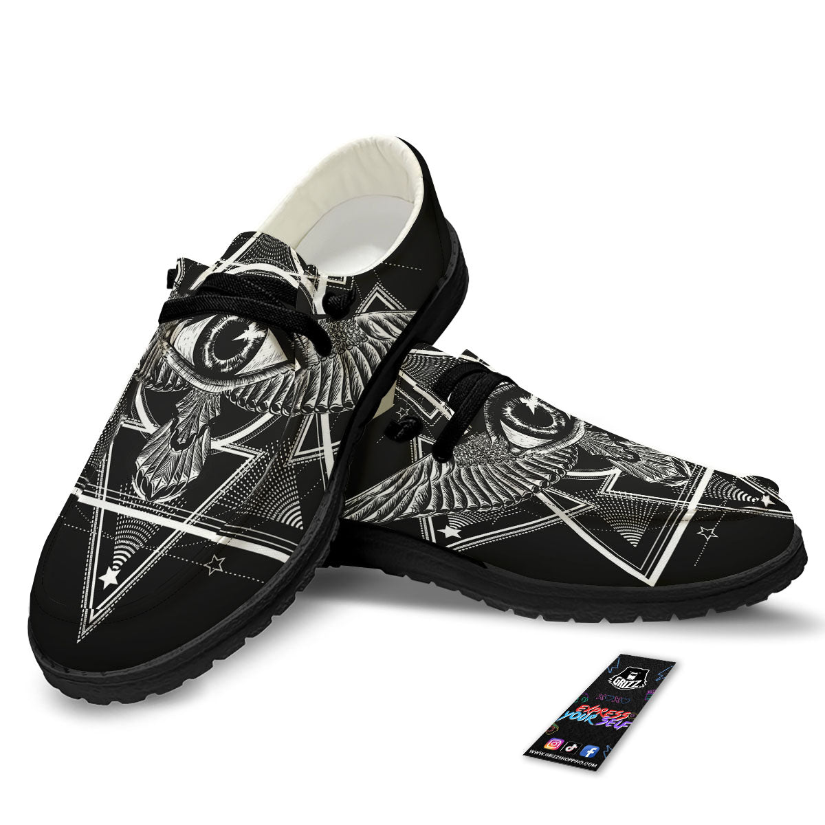 All Seeing Eye Black And Silver Print Black Loafers-grizzshop